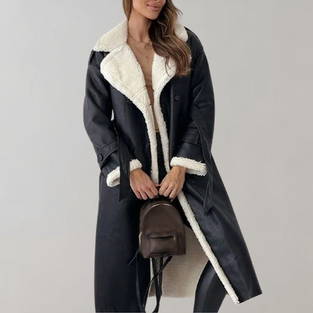 Long Belted Teddy Collar Faux Leather Winter Coats for Women