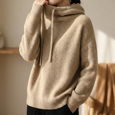 Hooded Merino Wool Knitted Jumper with Drawstring for Women