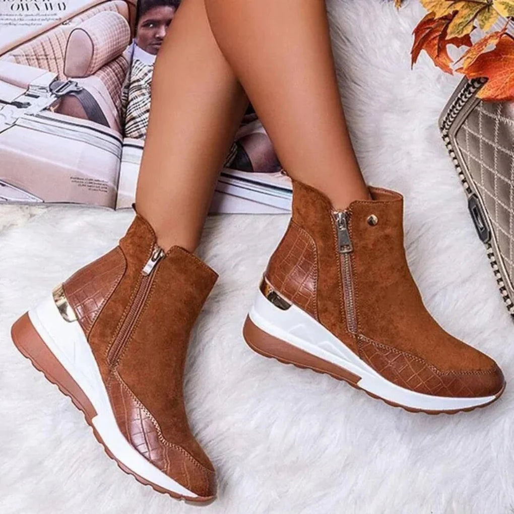 Women's Water-Resistant Wedge Ankle Boots with Croc-Embossed Panels