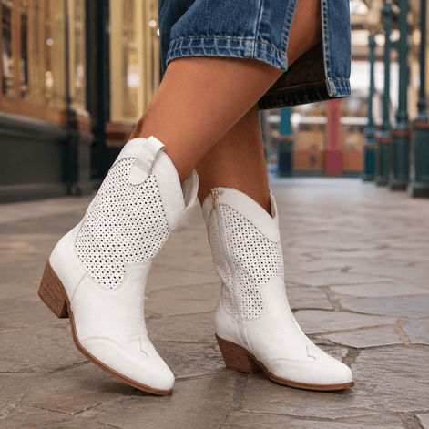 Women's Perforated Western Cowboy Boots with Block Heel