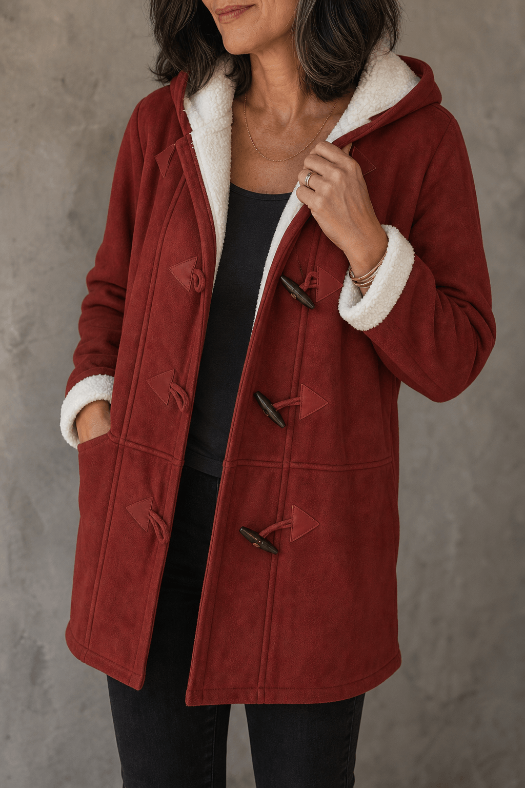 Women's Hooded Faux Suede Winter Coat with Plush Sherpa Lining