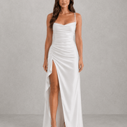 Draped Satin Ruched-Waist Women's Midi Dress with Side Split