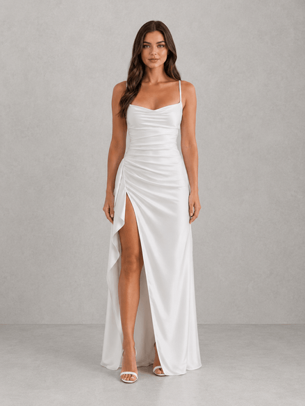 Draped Satin Ruched-Waist Women's Midi Dress with Side Split