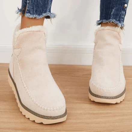 Women's Faux Fur-Lined Suede Winter Ankle Boots with Moc-Toe Stitching