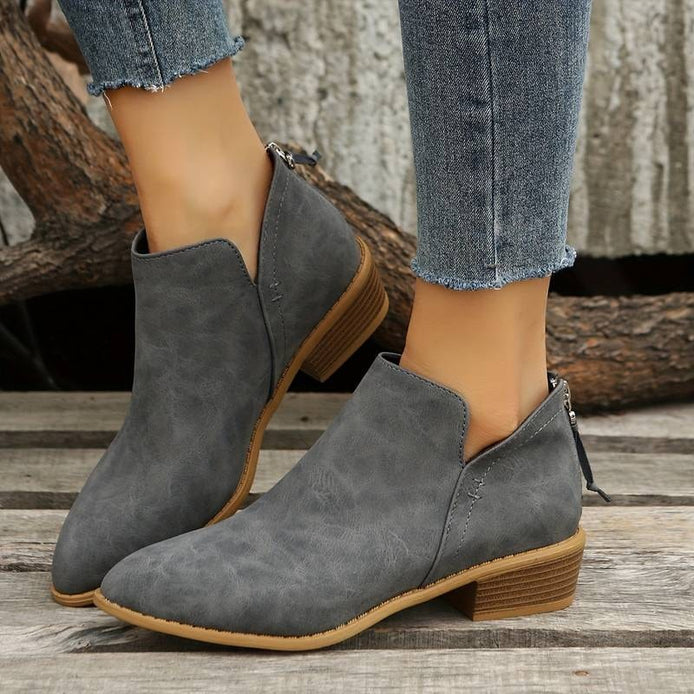 Ankle Low Heel Slip On Womens Boots with Back Zip Detail