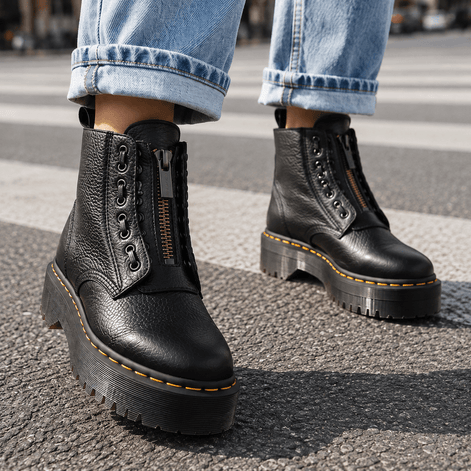 Women's Black Chunky Platform Ankle Boots with Front Zip and Lace-Panel Detailing