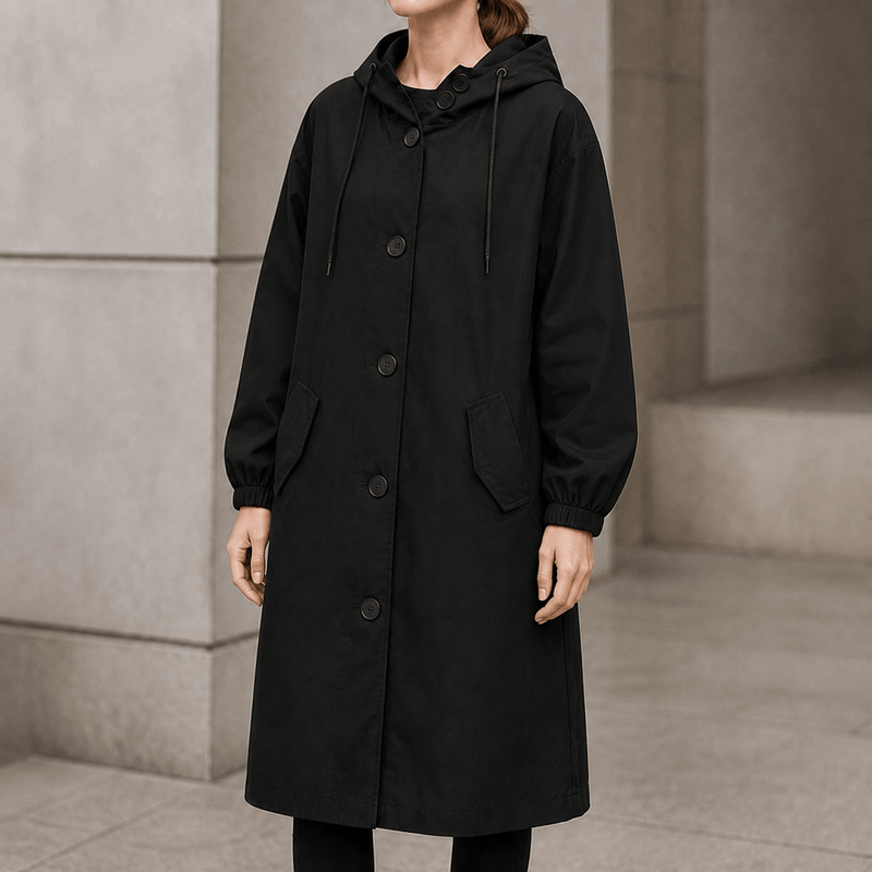 Women's Hooded Midi Coat with Drawstring Waist