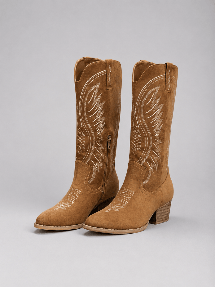 Women's Embroidered Suede Western Boots with Block Heel