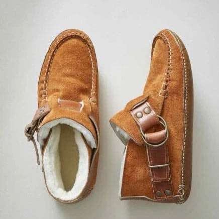 Women's Shearling-Lined Suede Winter Ankle Boots with Buckle Strap