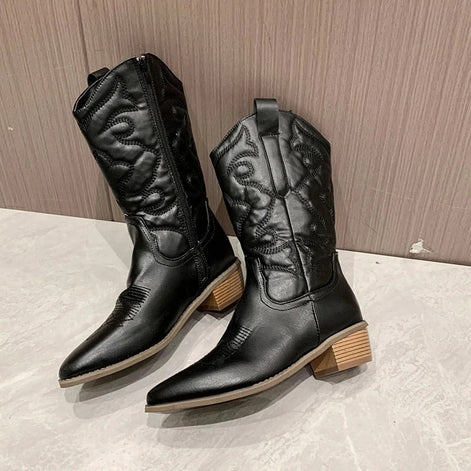 Nadia Embroidered Mid-Calf Western Boots for Women with Block Heel