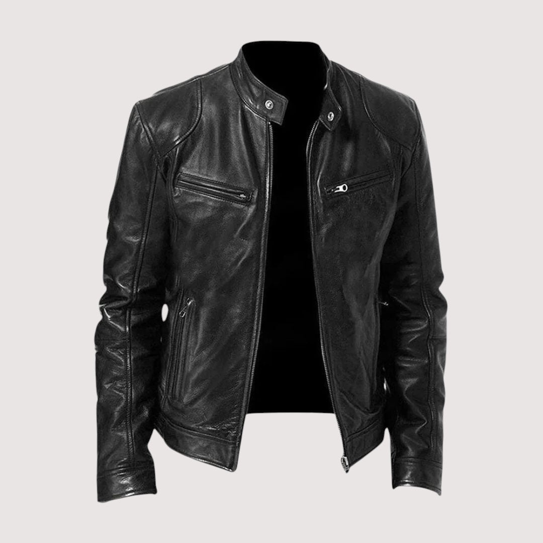 Men's Genuine Leather Biker Jacket with Zip Pockets