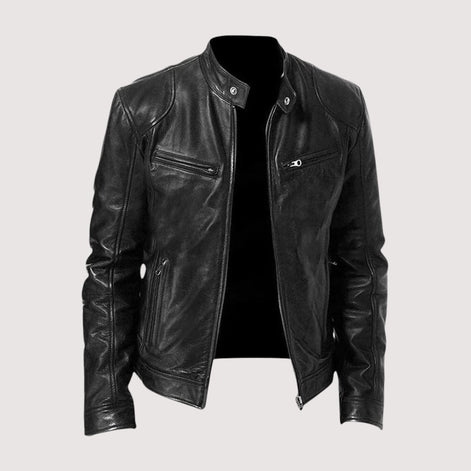 Men's Genuine Leather Biker Jacket with Zip Pockets