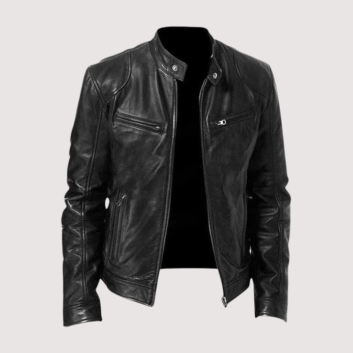 Men's Genuine Leather Biker Jacket with Zip Pockets