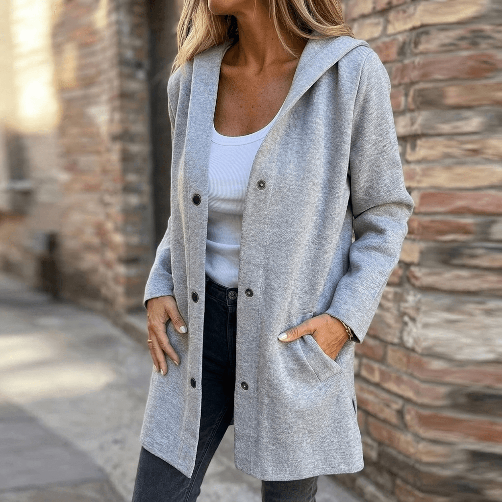 Women's Hooded Knitted Cardigan with Button Front and Pockets