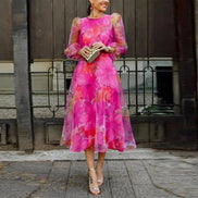 Floral Print Chiffon Midi Dress with Puff Sleeves for Christmas Party