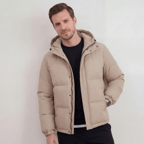 Hooded Puffer Jacket with Adjustable Hood for Men in Polyester Blend