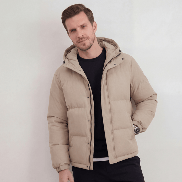 Hooded Puffer Jacket with Adjustable Hood for Men in Polyester Blend