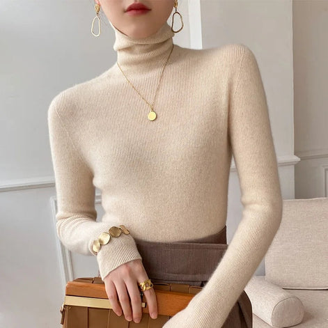 Ribbed Turtleneck Knitted Jumper for Ladies