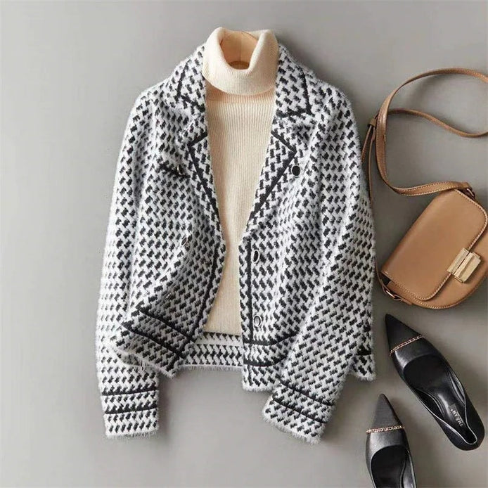 Houndstooth Tweed Knit Jacket for Women's Tailored Wardrobe