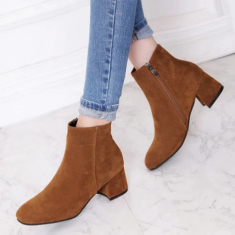 Women's Suede Block Heel Ankle Boots with Side Zip Fastening