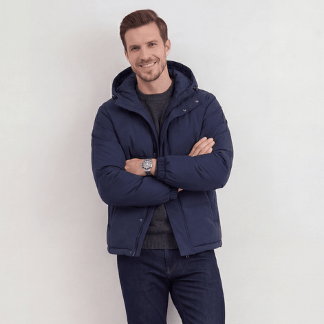 Hooded Puffer Jacket for Men with Adjustable Weatherproof Hood