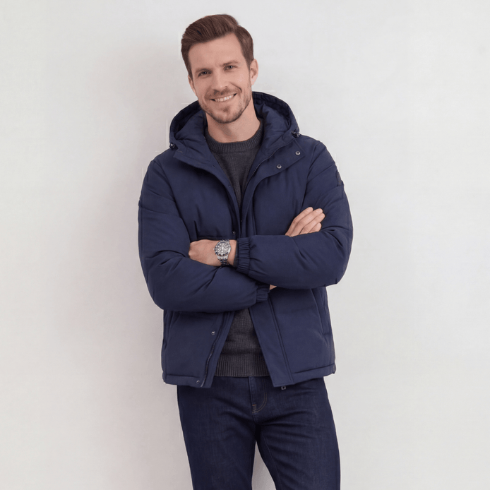 Hooded Puffer Jacket for Men with Adjustable Weatherproof Hood