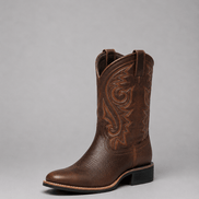 Women's Brown Embroidered Leather Cowboy Boots with Block Heel