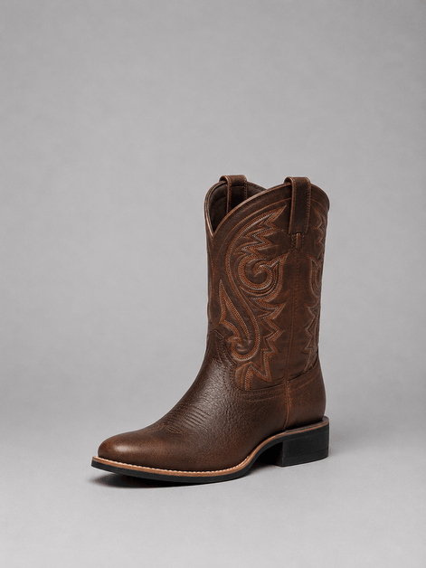 Women's Brown Embroidered Leather Cowboy Boots with Block Heel