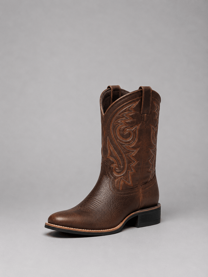Women's Brown Embroidered Leather Cowboy Boots with Block Heel