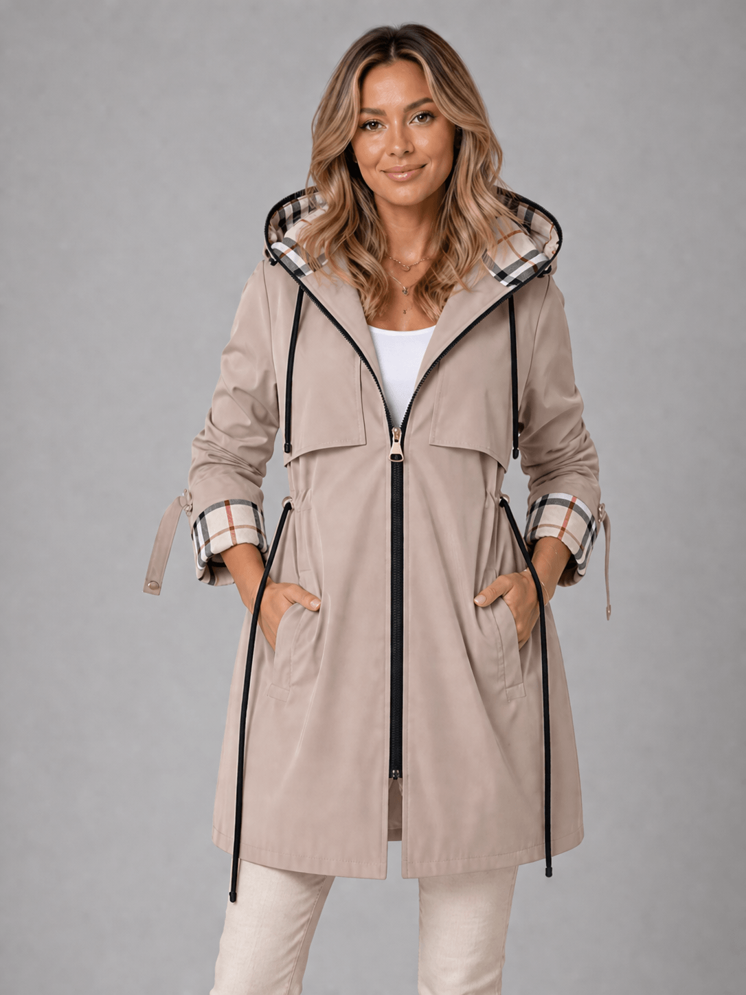 Hooded Longline Waterproof Jacket with Adjustable Drawstring Waist