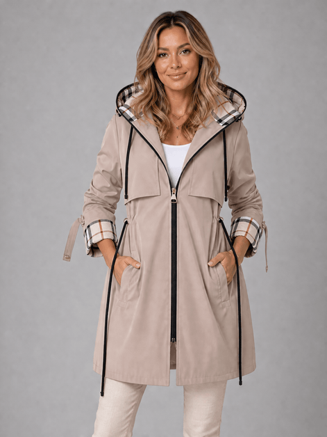 Hooded Longline Waterproof Jacket with Adjustable Drawstring Waist