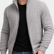 Men's Ribbed Knit Full-Zip Cardigan with Stand Collar