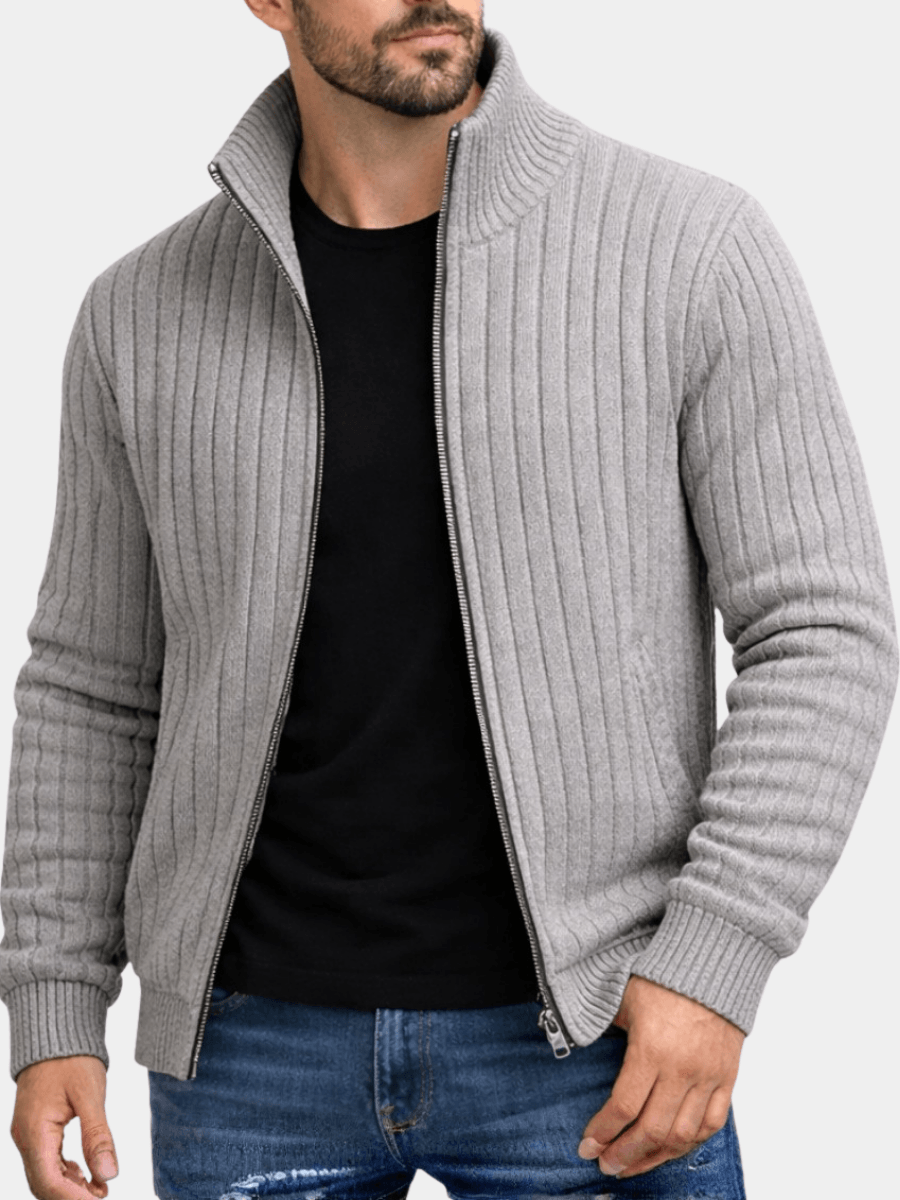 Men's Ribbed Knit Full-Zip Cardigan with Stand Collar