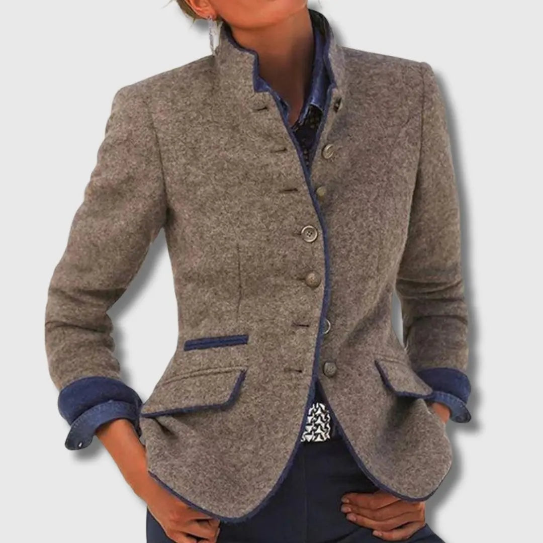 Women's Tailored Wool Blazer with Stand Collar and Contrast Trim