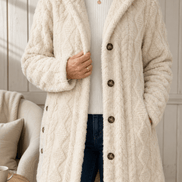 Women's Cable-Knit Hooded Longline Winter Coat with Button Hems