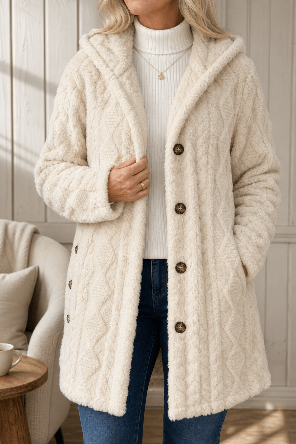 Women's Cable-Knit Hooded Longline Winter Coat with Button Hems