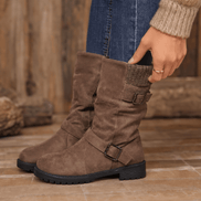 Slouchy Mid-Calf Boots with Buckle Strap for Women