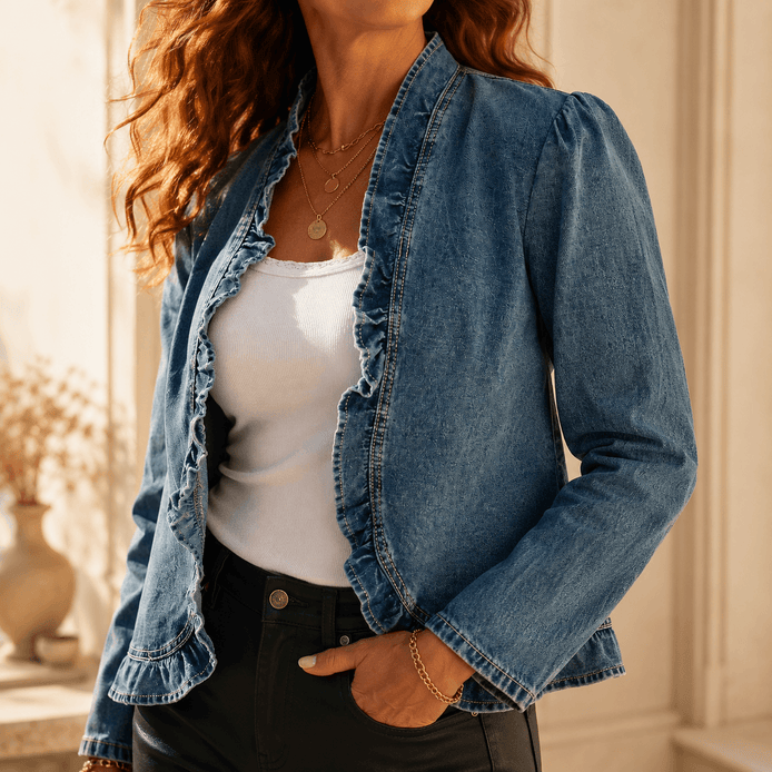Ruffle-Trim Open-Front Denim Jacket with Puff Shoulders