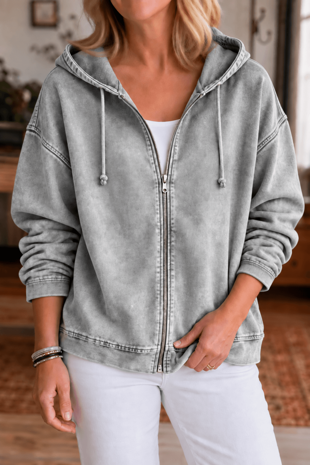 Women's Washed Oversized Zip-Up Hoodie with Lined Hood