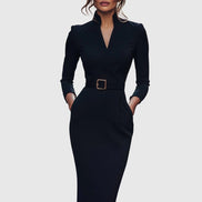 Long Sleeve Belted Bodycon Christmas Dress with Stand Collar