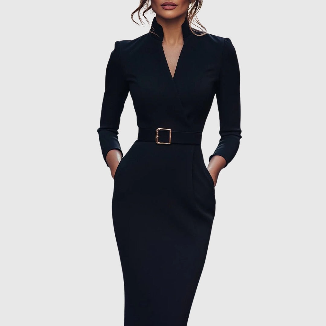 Long Sleeve Belted Bodycon Christmas Dress with Stand Collar
