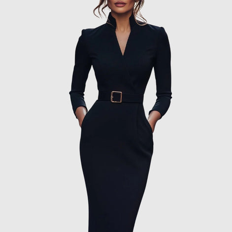 Long Sleeve Belted Bodycon Christmas Dress with Stand Collar