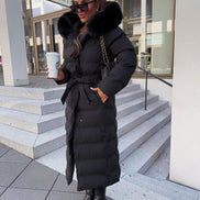 Belted Faux Fur Hood Long Puffer Winter Coats for Women