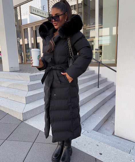 Belted Faux Fur Hood Long Puffer Winter Coats for Women