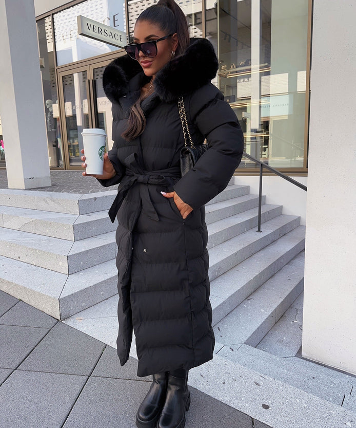 Belted Faux Fur Hood Long Puffer Winter Coats for Women