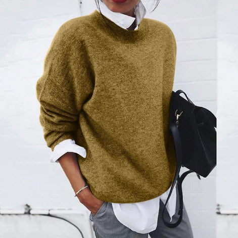 Poppy Crew Neck Knitted Relaxed Fit Sweater in Solid Khaki