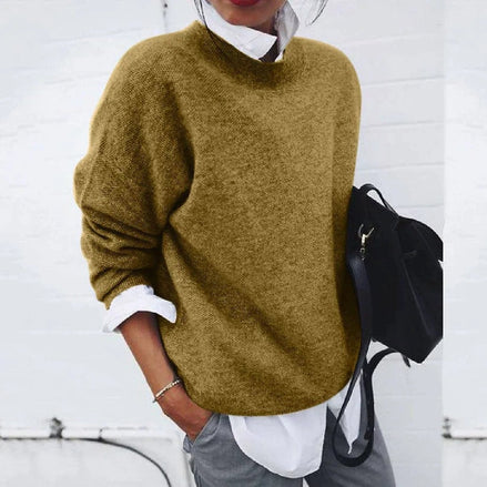 Poppy Crew Neck Knitted Relaxed Fit Sweater in Solid Khaki