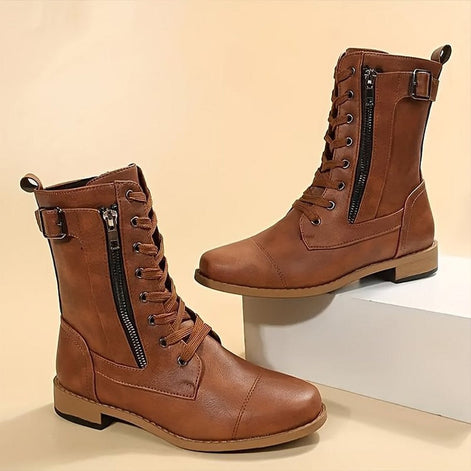 Hazel Faux Leather Combat Boots with Side Zip and Buckle Detail for Women