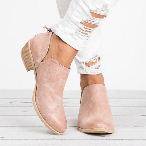 Ankle Low Heel Womens Boots with Rounded Toe in Synthetic Leather