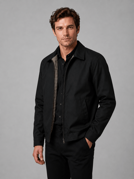 Lightweight Full Zip Mens Jacket with Checked Lining and Point Collar